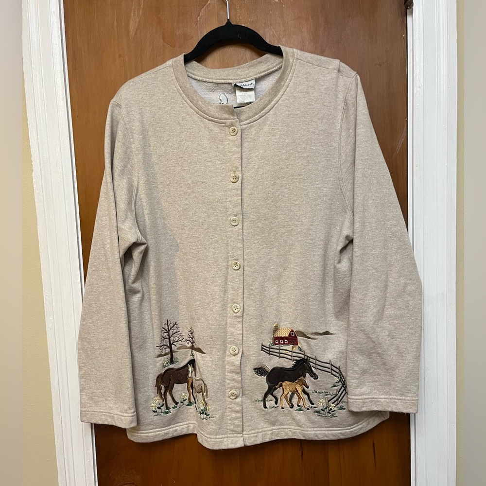 KORET Women’s Embroidered Horse Cardigan in Beige M
